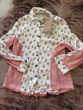POL Cream Floral Button-Up with Pink Knit Panels